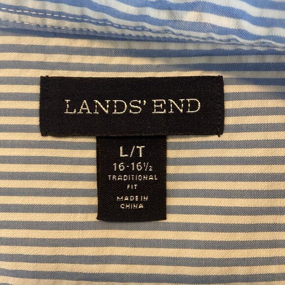 Lands’ End Seersucker Shirt Men’s L Blue White Striped Button Up Nautical Beach - Picture 8 of 10